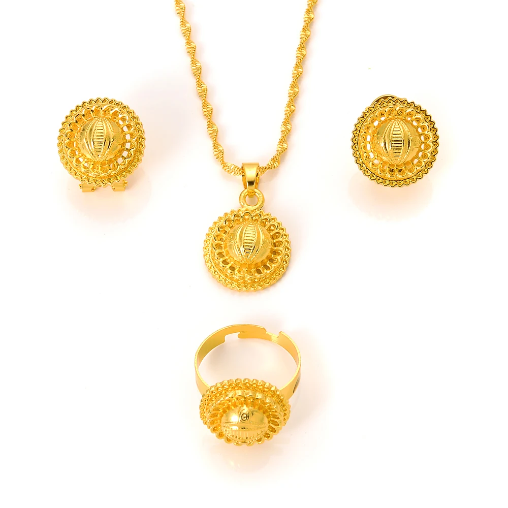 Charm 24K Gold Plated Cute Eye Shaped Africa Ethiopian Jewelry  Earring Ring Pendant Chain Wedding Bridal Niecly Sets Gifts