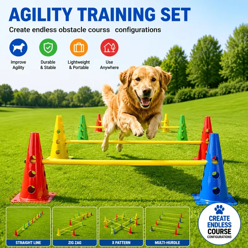 Dog Obstacle Training Set, 5 Windproof Cones + 3 Marker Poles, Outdoor Exercise, Portable Easy Storage