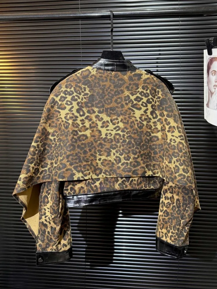 Streetwear Women Patchwork Leopard Print Jacket Stand Collar Long Sleeve Autumn Outwear Fashion Lady Punk Pu Leather Short Coat