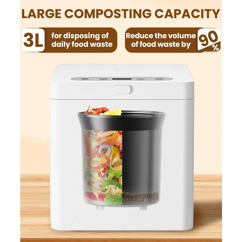 Electric Composter for Kitchen, 3L Compost Bin, Odorless/Auto-Cleaning/LED Display, Countertop Smart Compost Bin