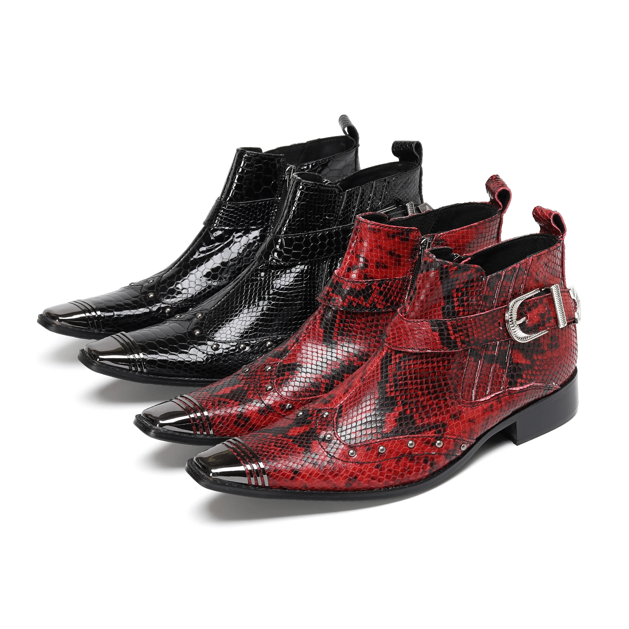 Glänzende, kurze Herrenstiefel mit Schlangenmuster, dekoriert mit Metallnieten und Schnallen, trendiges, personalisiertes Street-Style-Schuhwerk für Club, Bar und Party – Detail 11