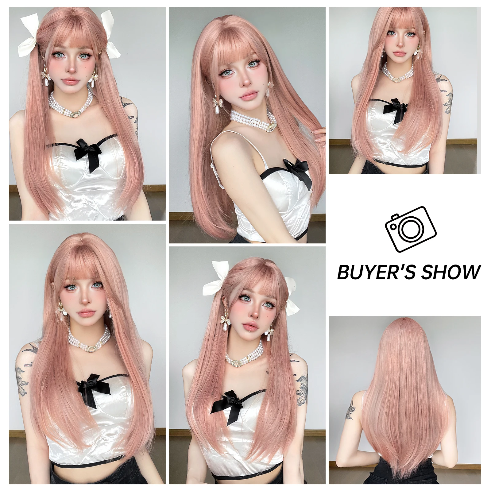 Rose pink wig female synthetic long hair natural air bangs long straight hair fashion jk suitable for female cosplay party