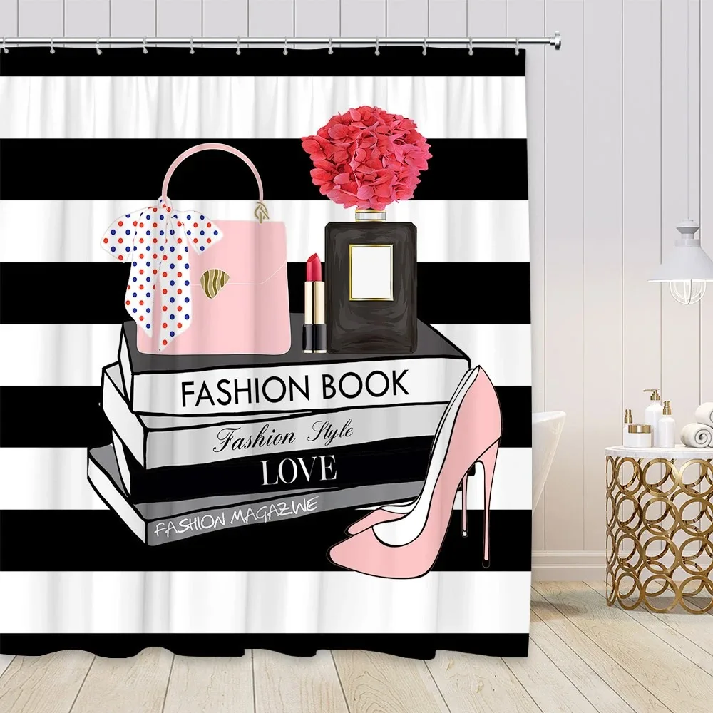 Pink Perfume High Heel Shower Curtain Set Black White Stripes Fashion Girl Woman Bathroom Decor Polyester Bathtub Curtains Hooks