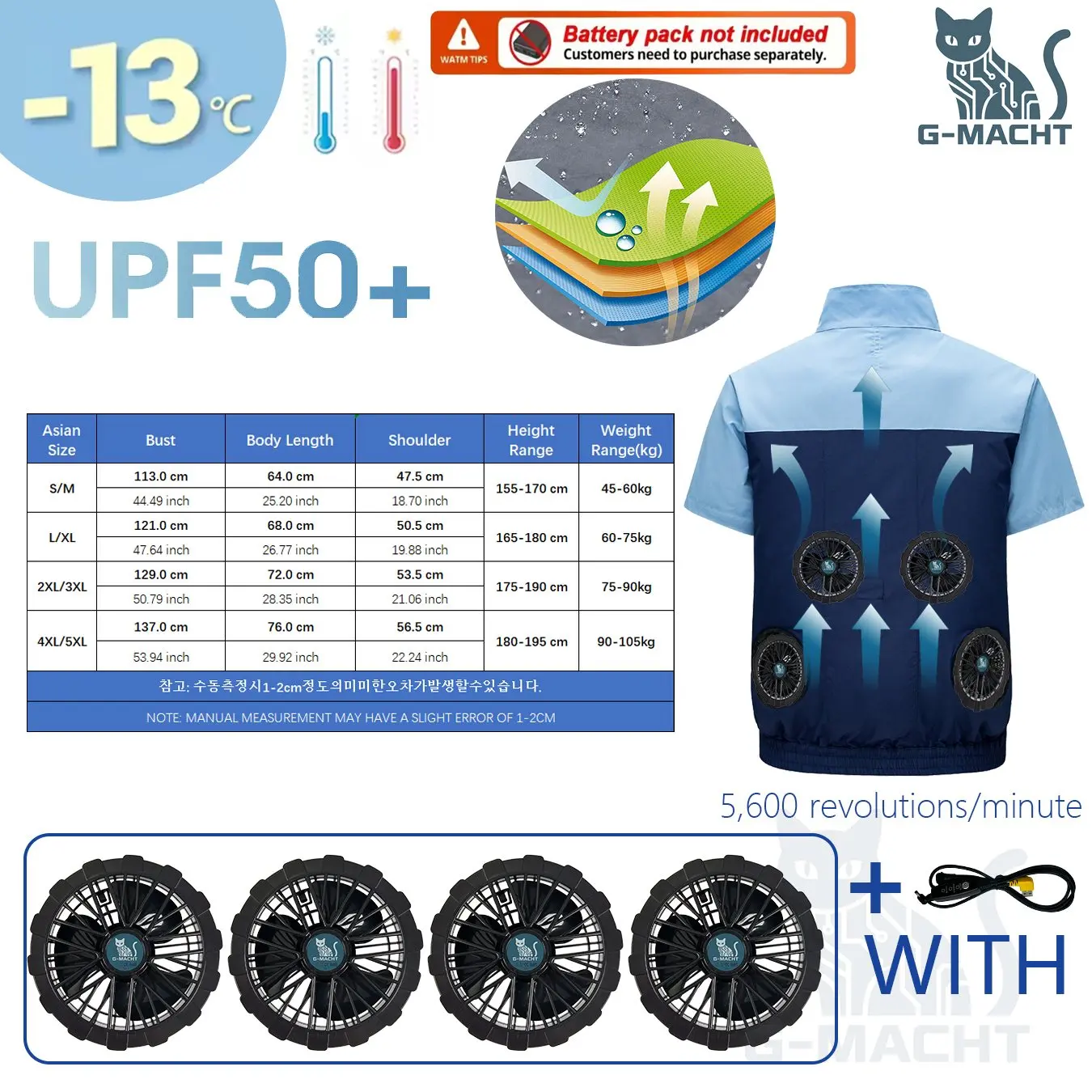 G-MACHT Men Summer Anti-Heat Cooling Shirt With 4 Fans Air Condition Clothes Short Sleeve Sun Protection Outdoor Work Wear