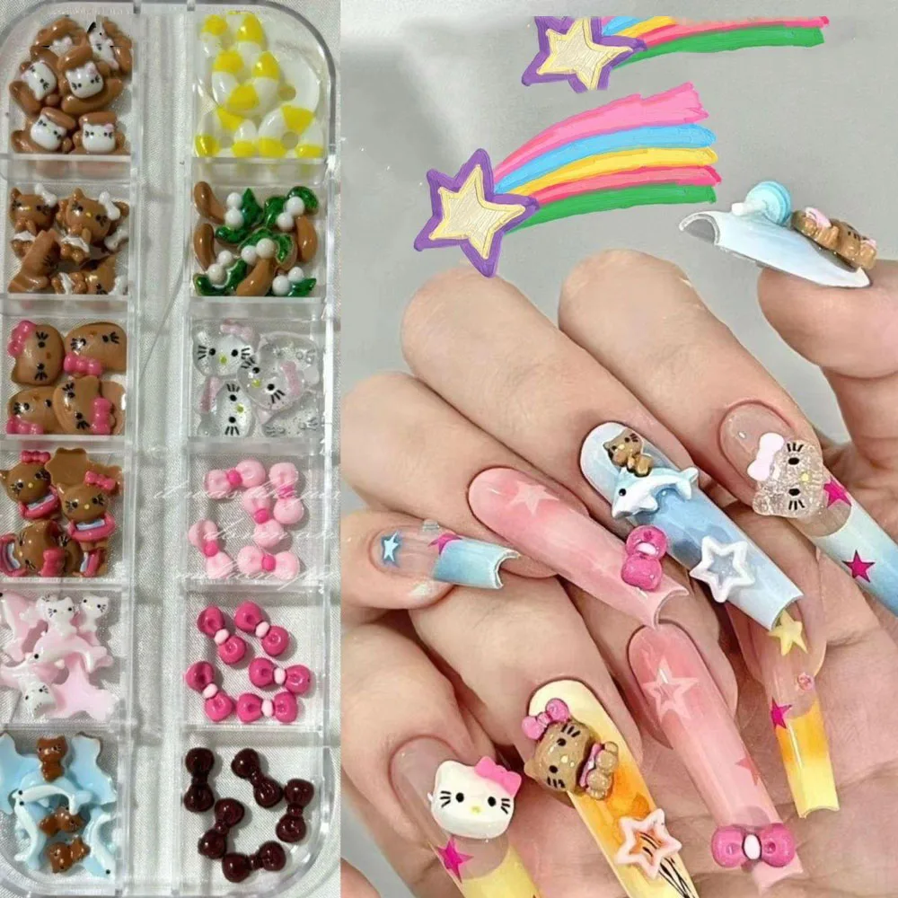 12Grids Cartoon Tanning Kitty Mixed Nail Charms 3D Kawaii Sommer Hawaiian Hello Kitty Harz Strasssteine DIY Nail Art Dekoration