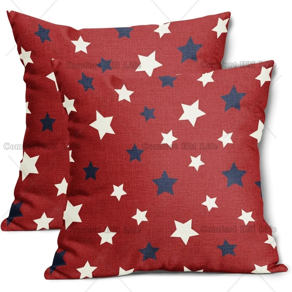 

Red 4th of July Throw Pillow Covers Set of 2 Independence Day Decorative Pillowcases Patriotic American Blue Stars Cushion Cover