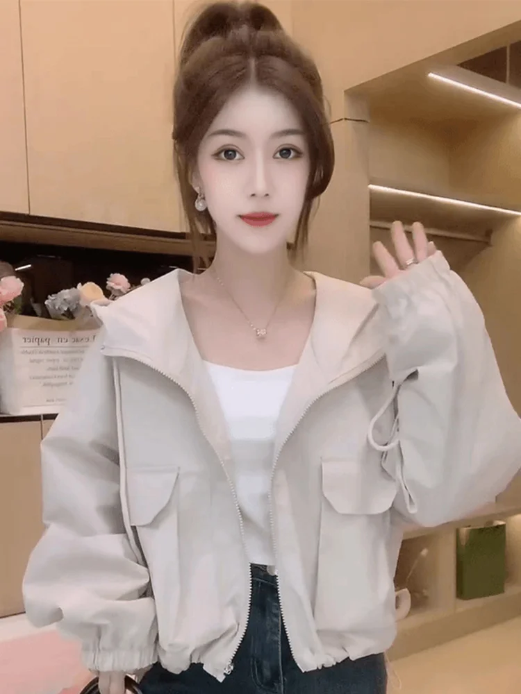 Fashionable Short Hooded Jacket Women's Spring Autumn New Style Versatile Workwear Polyester Fiber Long Sleeve Zipper Closure