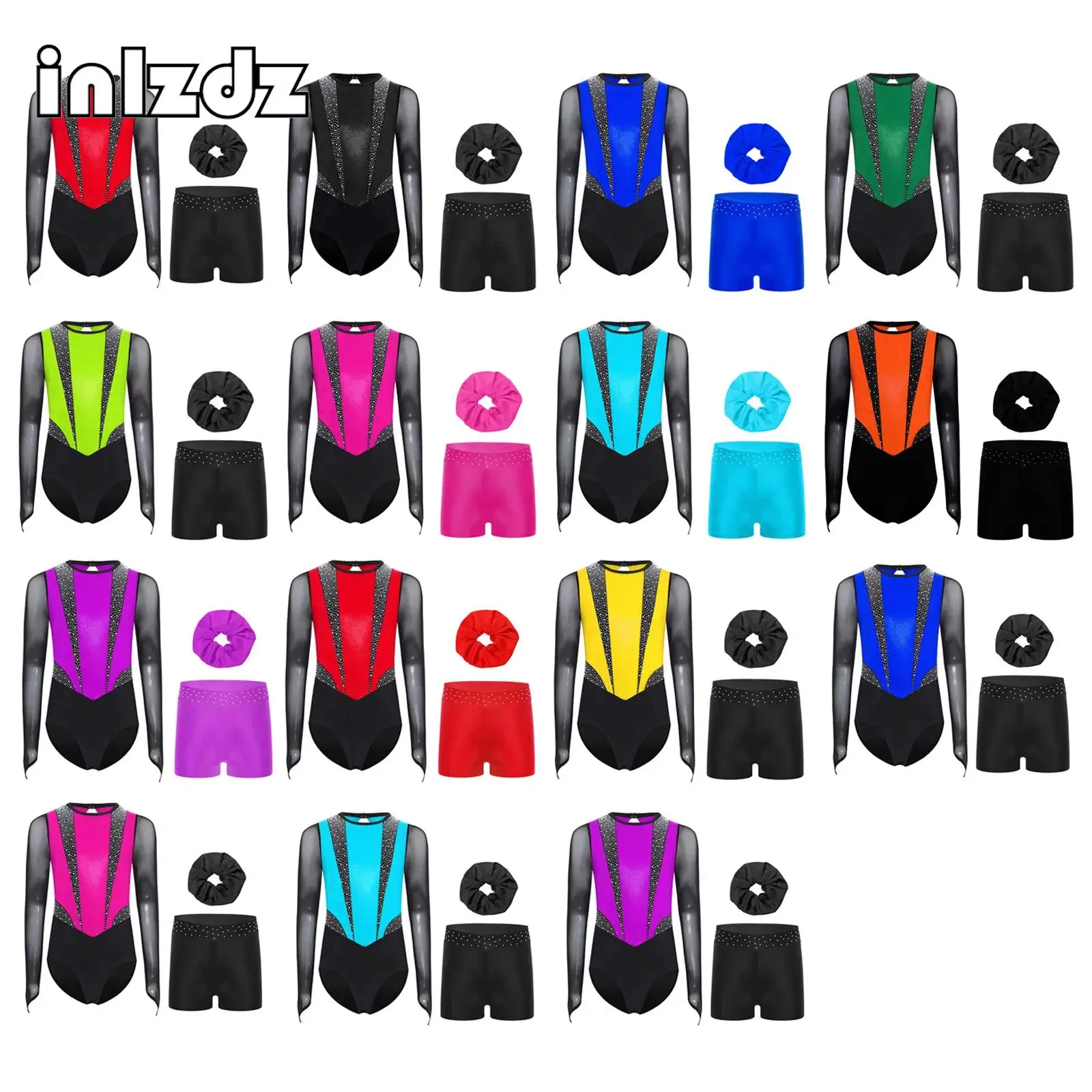 

3Pcs Kids Girls Long Sleeves Rhinestones Color Block Leotard+Shorts+Headwear for Gymnastics Figure Skating Ballerina Dancewear