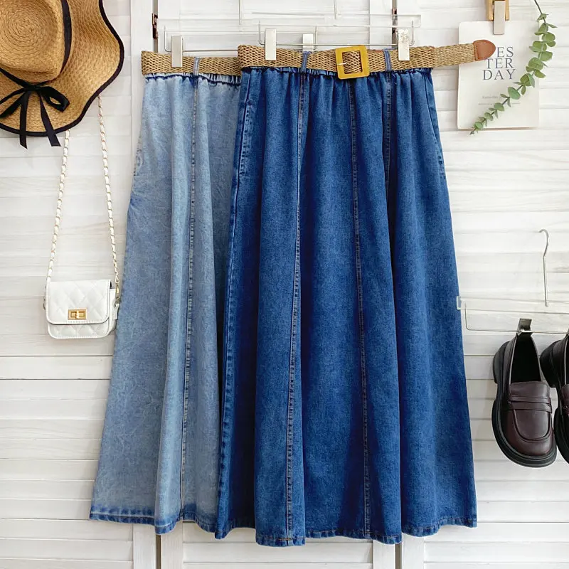 Women's New Retro Versatile Denim Long Skirts A-line Large Swing Cowboy Umbrella Skirt Woven Belt 2026 Spring Summer