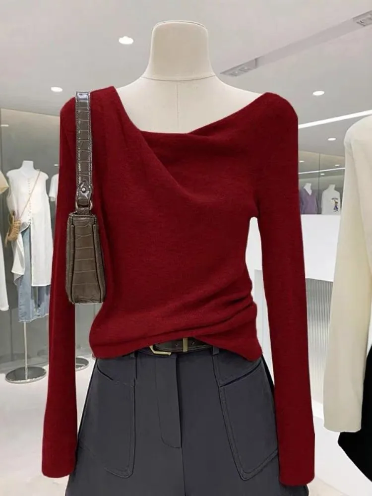 เสื้อไหมพรมถักทรงเข้ารูปสำหรับผู้หญิง คอวี ใส่เป็นเสื้อตัวในหรือเสื้อตัวนอกได้ เหมาะสำหรับฤดูใบไม้ร่วงและฤดูหนาว สไตล์ลำลอง ความยาวปกติ