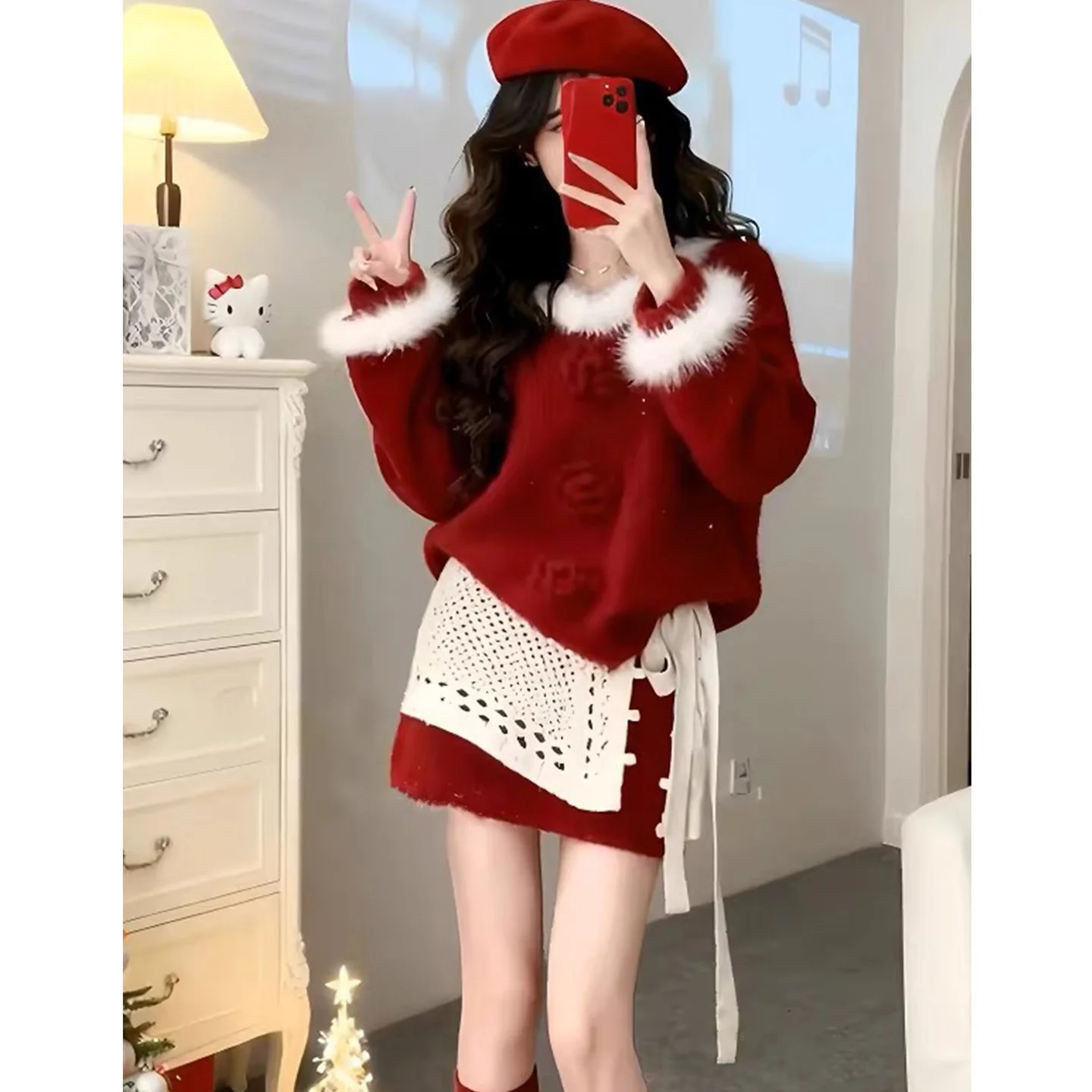 Original High Quality Women's Autumn Set with Faux Fur Collar Long Sleeve Knitted Top High Waist  Skirt And Pants