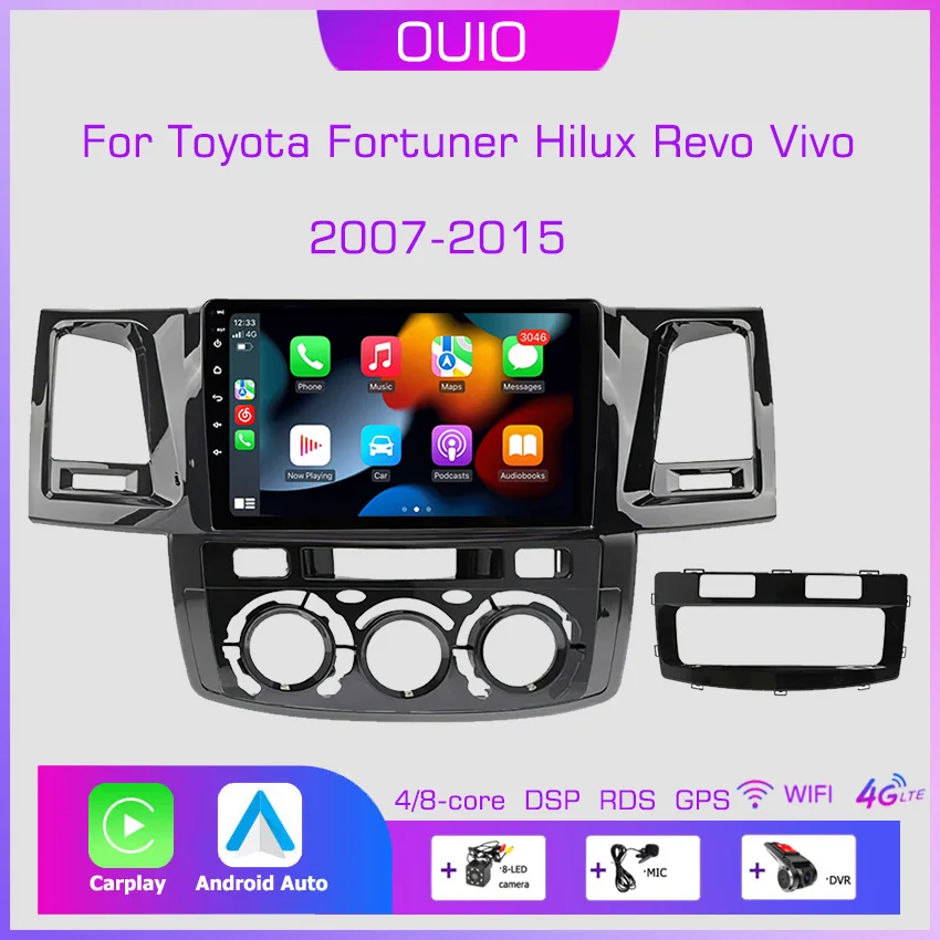 Android 10 Car Radio Multimedia Player, Auto Carplay, Navegação GPS, DSP, BT, RDS, Toyota Fortuner, Hilux, Revo, Vivo, 2007-2015, 2Din