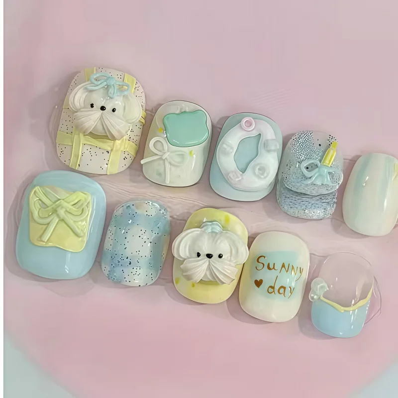Cartoon Cream Puppy 3D Embossed Silicone Mold, Bow Cherry Pearl Chain For DIY Nail Charms