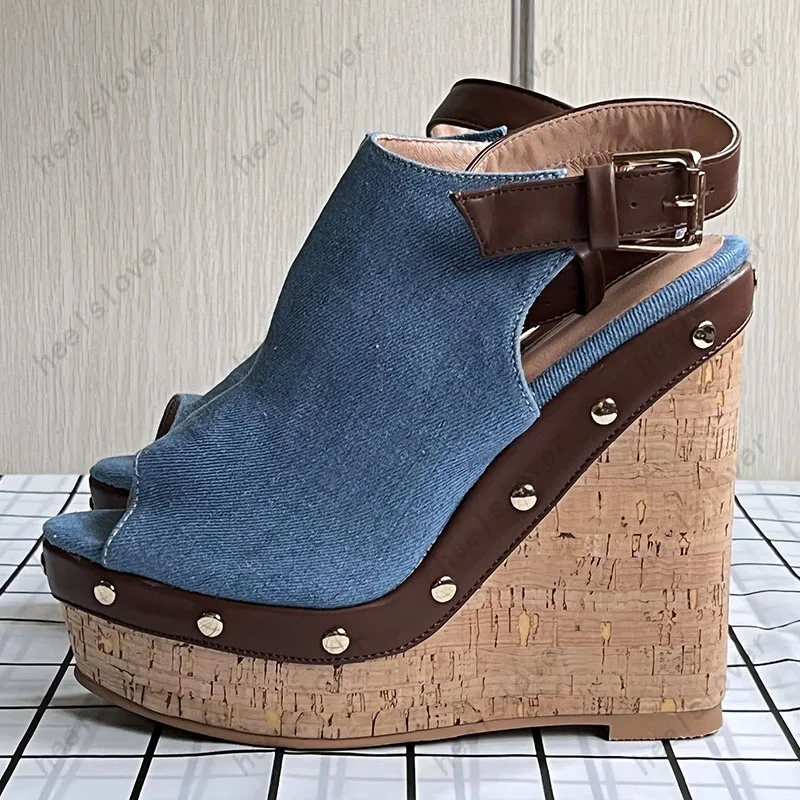 

Ahhlsion Handmade Women Denim Sandals Wedges Heels Peep Toe Beautiful Blue Party Cosplay Shoes Ladies US Size 5-20