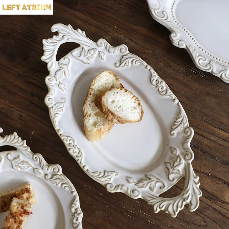 French Ceramic Double Ear Plate Retro Relief Dessert Western Cuisine Plate Kiln Turned High End Tableware