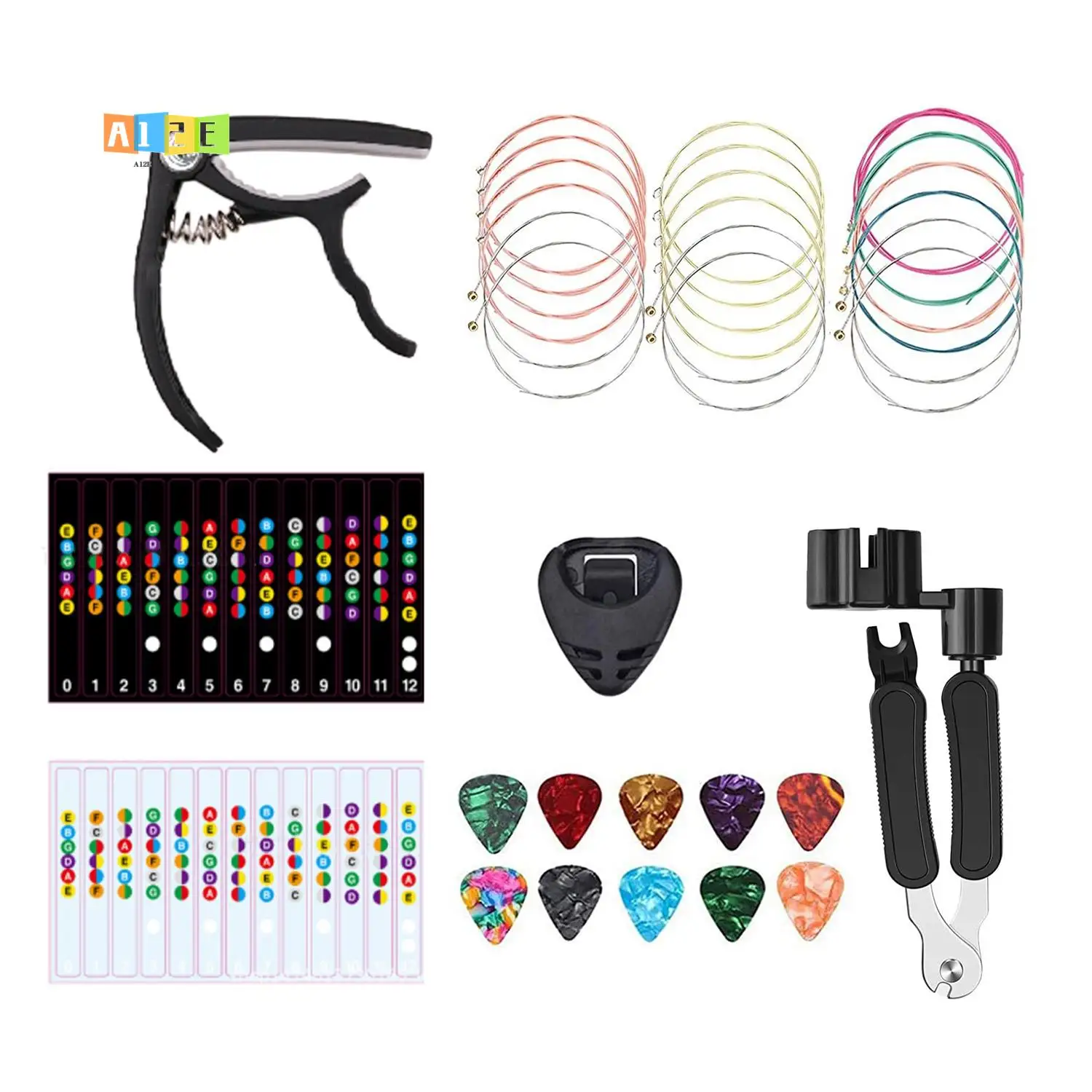 A12E-18PCS Guitar Strings Kit,Acoustic Guitar Changing Tool,Acoustic Strings,Guitar Picks,Capo,Scale Stickers,Picks Holder