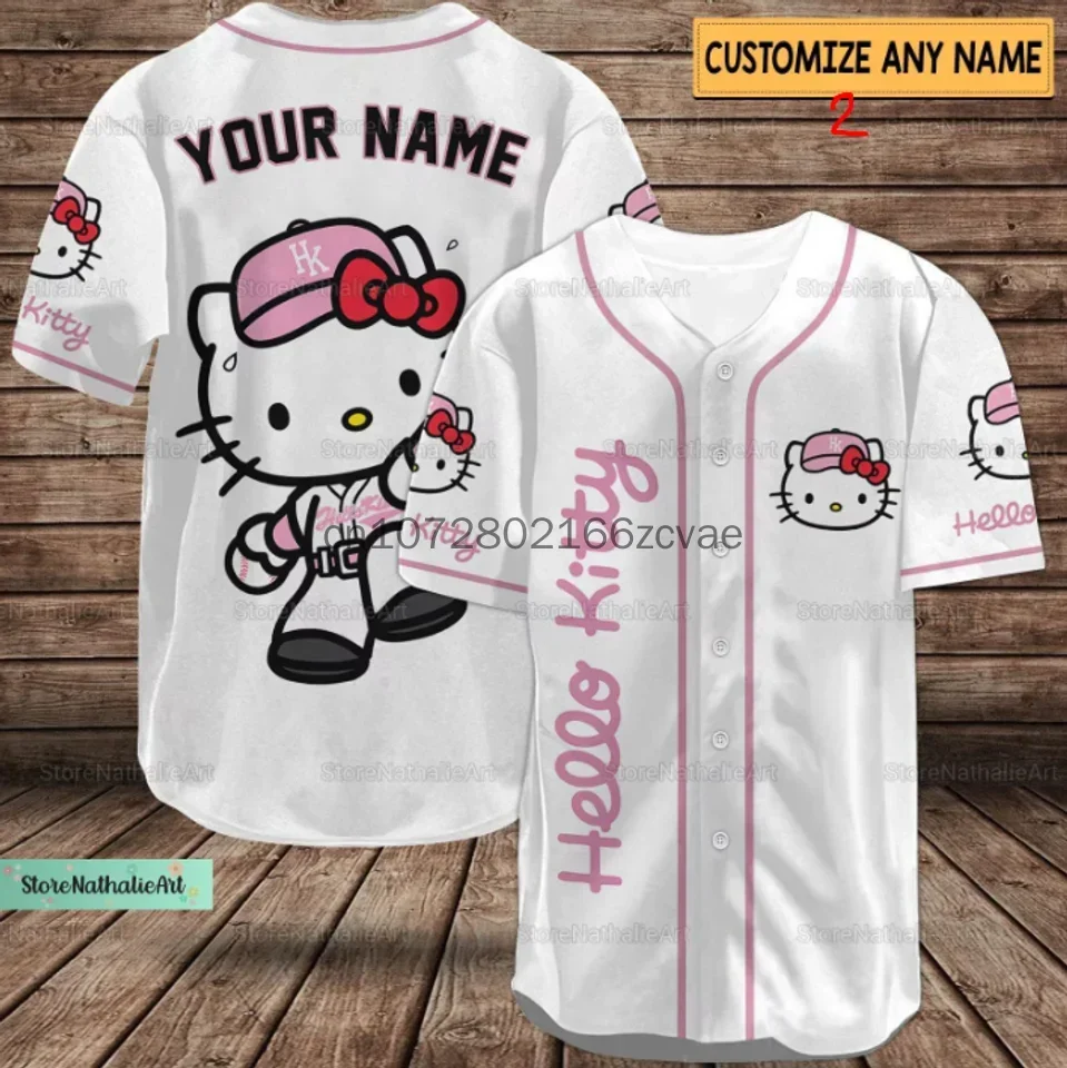 2024 Hello Kitty Baseball Jersey Personalized Cartoon Print Baseball Jersey Shirts Outdoor Sports Casual Men Women Kids Tops