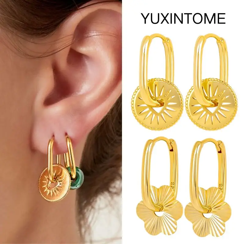 

925 Sterling Silver Needle Vintage Circular Big Earrings Women's Simple Bohemia Heart Sun Flower Pendant Earrings Fine Jewelry