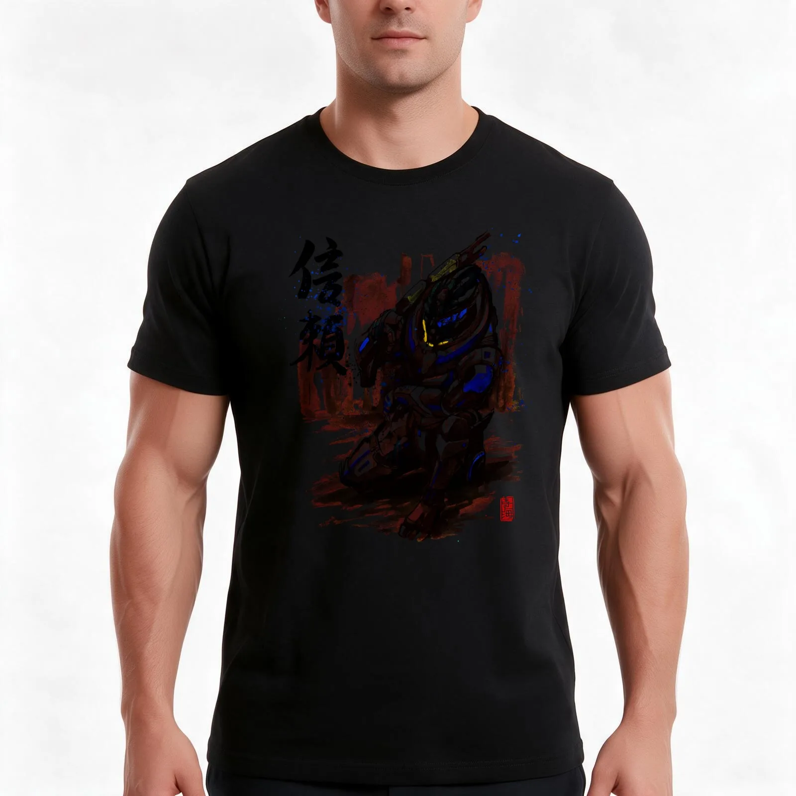 Mass Effect Garrus Sumie style with Japanese Calligraphy T-Shirt, Summer Casual Cotton Tee, Oversized Streetwear Tops