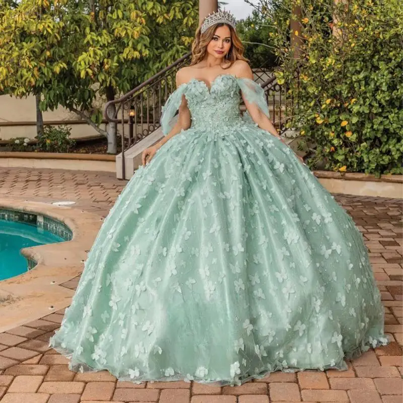 

Customized Light Green Glamorous Ball Gowns Quinceanera Dresses for Girls Off the Shoulder Appliques Tulle Pleat Vestido De 15
