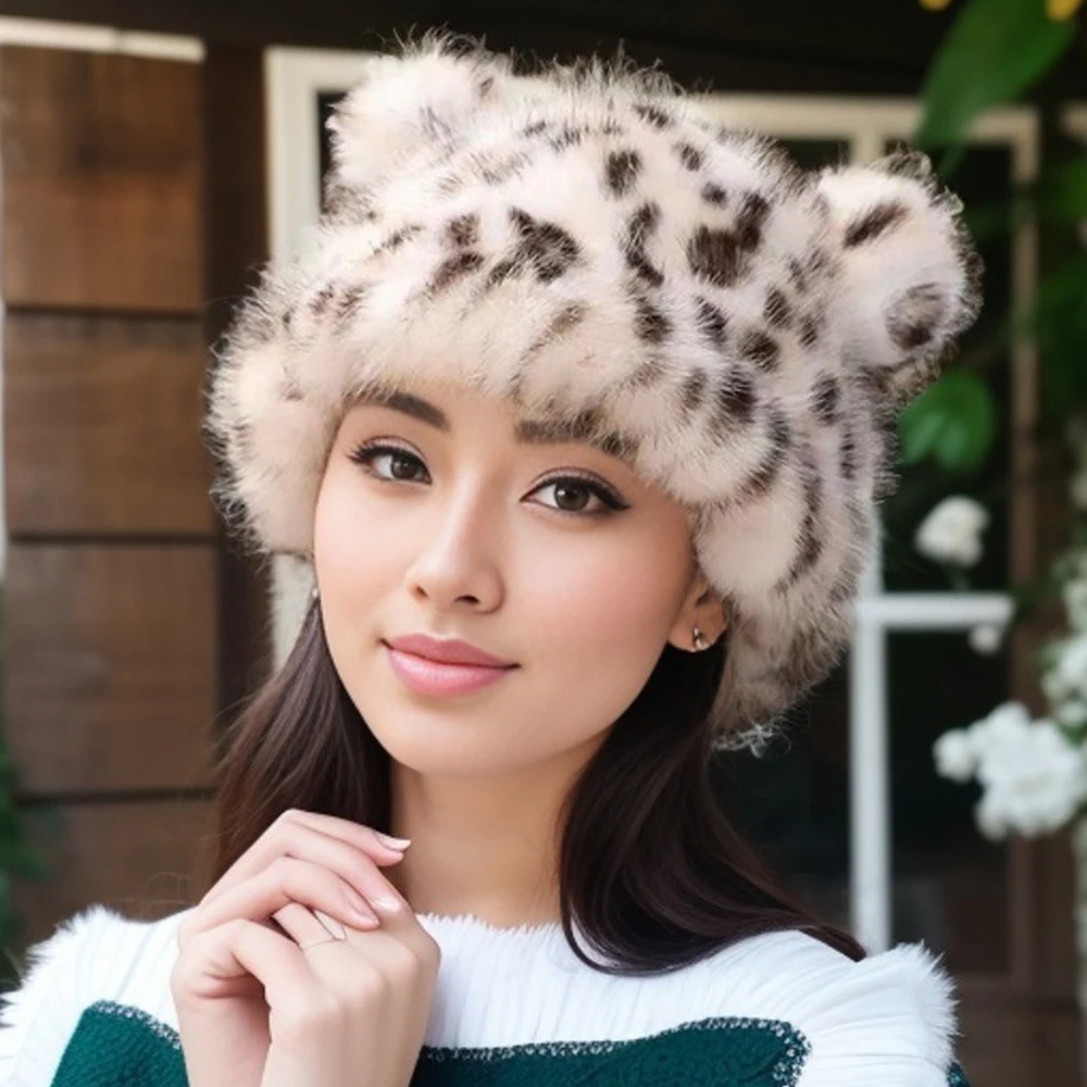 

New Leopard Print Fluffy Fur Bucket Hat Warm Thicken Cold Panama Cap Cover Head Cap Ear Protection Winter Hat Chrismas Gifts