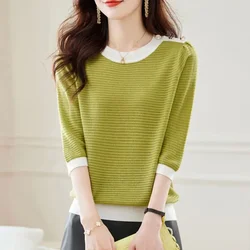 Women's Clothing Korean Fashion Contrast Color Chic Elegant Knitwear Spring Autumn Female O Neck 3/4 Sleeve Button Pullover Tops