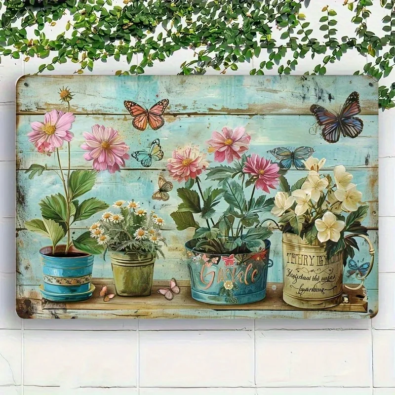 Vintage Metall-Blechschild mit Blumen- und Schmetterlingsmotiv für den Garten