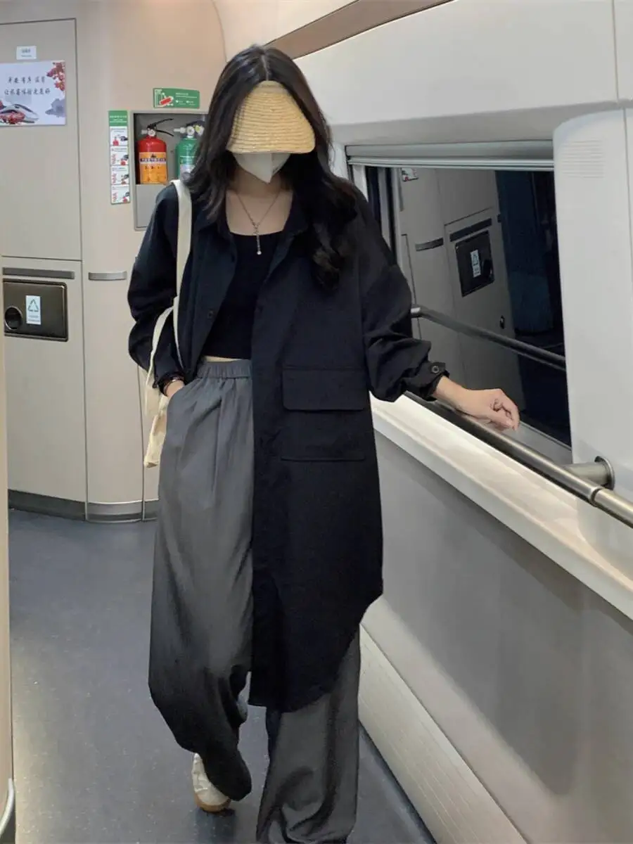 Plus Size Women's Windbreak 2025 Autumn Spring Trench Coat Loose Long Sleeve Batwing Sleeve Design Mid Length Shirt Outerwear