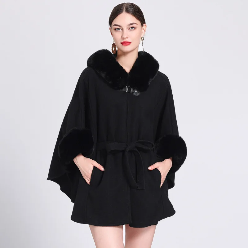 3 Colors Winter Warm Faux Woolen Poncho Belt Cape Women Rabbit Fur Big Batwing Sleeves Loose Long Cloak Coat With Hat