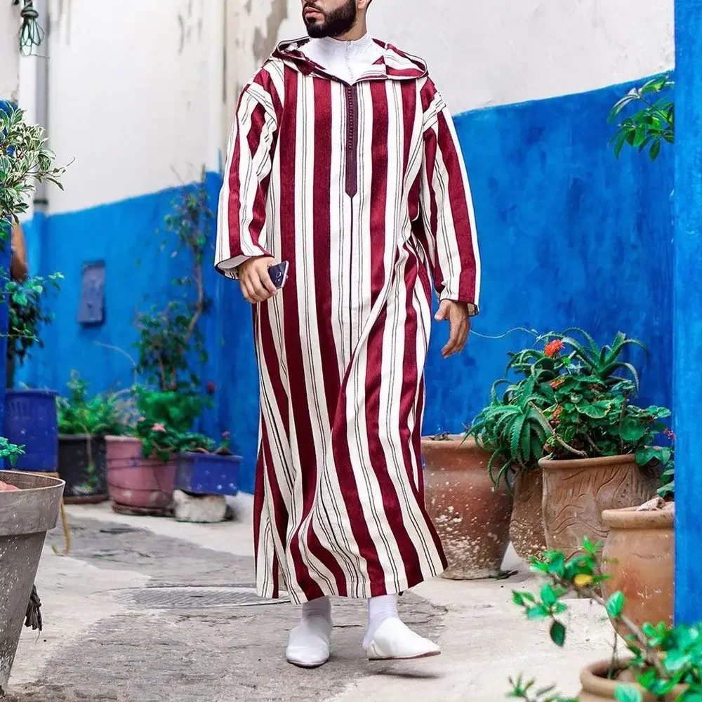 2024 Men's Islamic Arabian Striped Patchwork Hooded Jubba Thobe Zipper Muslim Robe Streetwear Casual Loose Arabian Islamic Robe