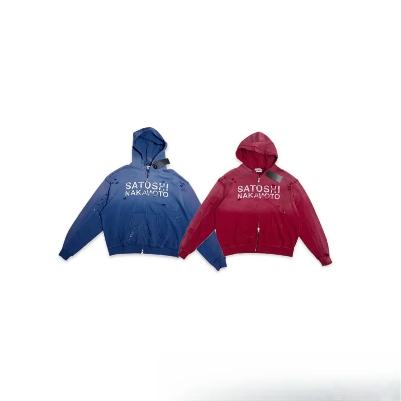 2026AW Satoshi Washed Distressed Rivet Hoodie Unisex Casual Streetwear Loose Fit Hooded Sweatshirt Tops Men's Clothing