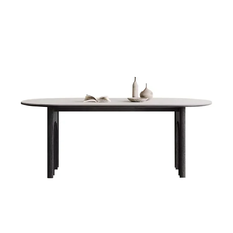 

French medieval rock slab dining table small apartment modern household black oval dining table and chairs