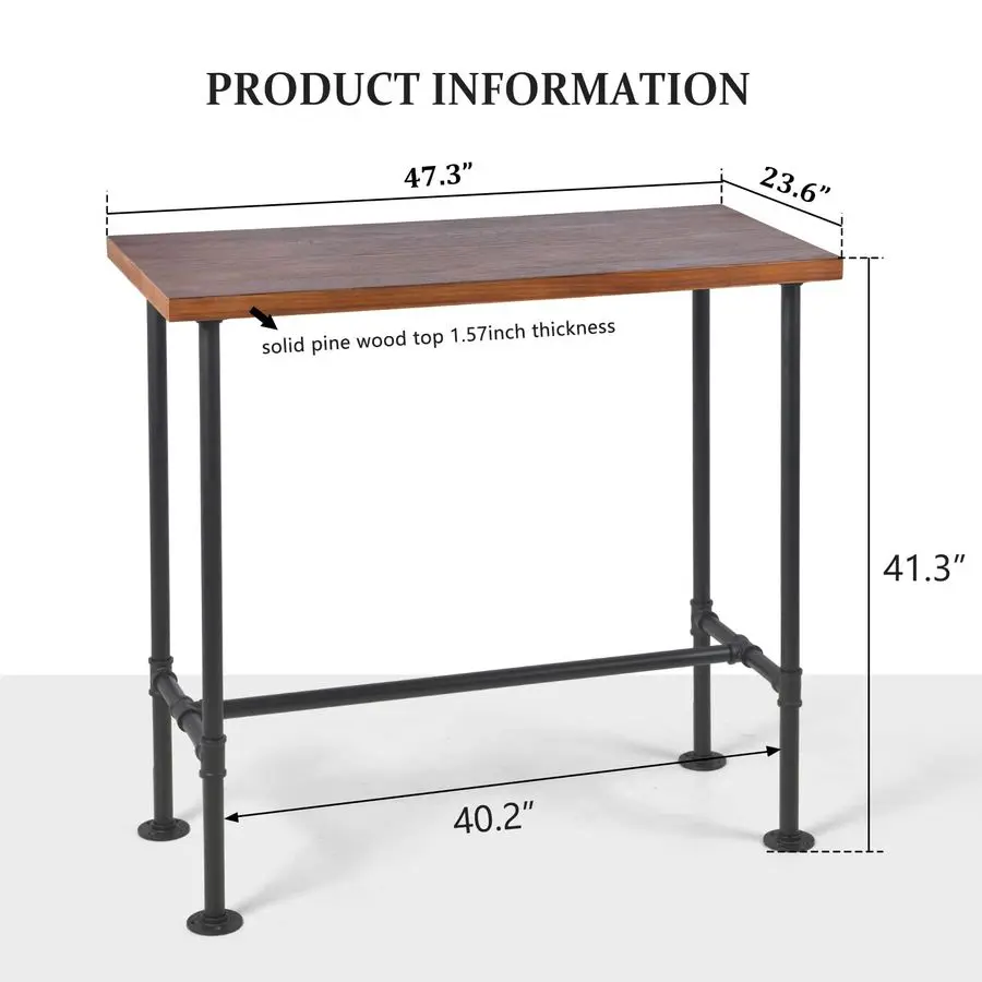 Rectangular Dining Table for 4, 47.3 L x 41.3 H x 23.6 W, Heavy Duty Metal Pipe, Solid Wood Desktop, Home Kitchen Bar Office Caf