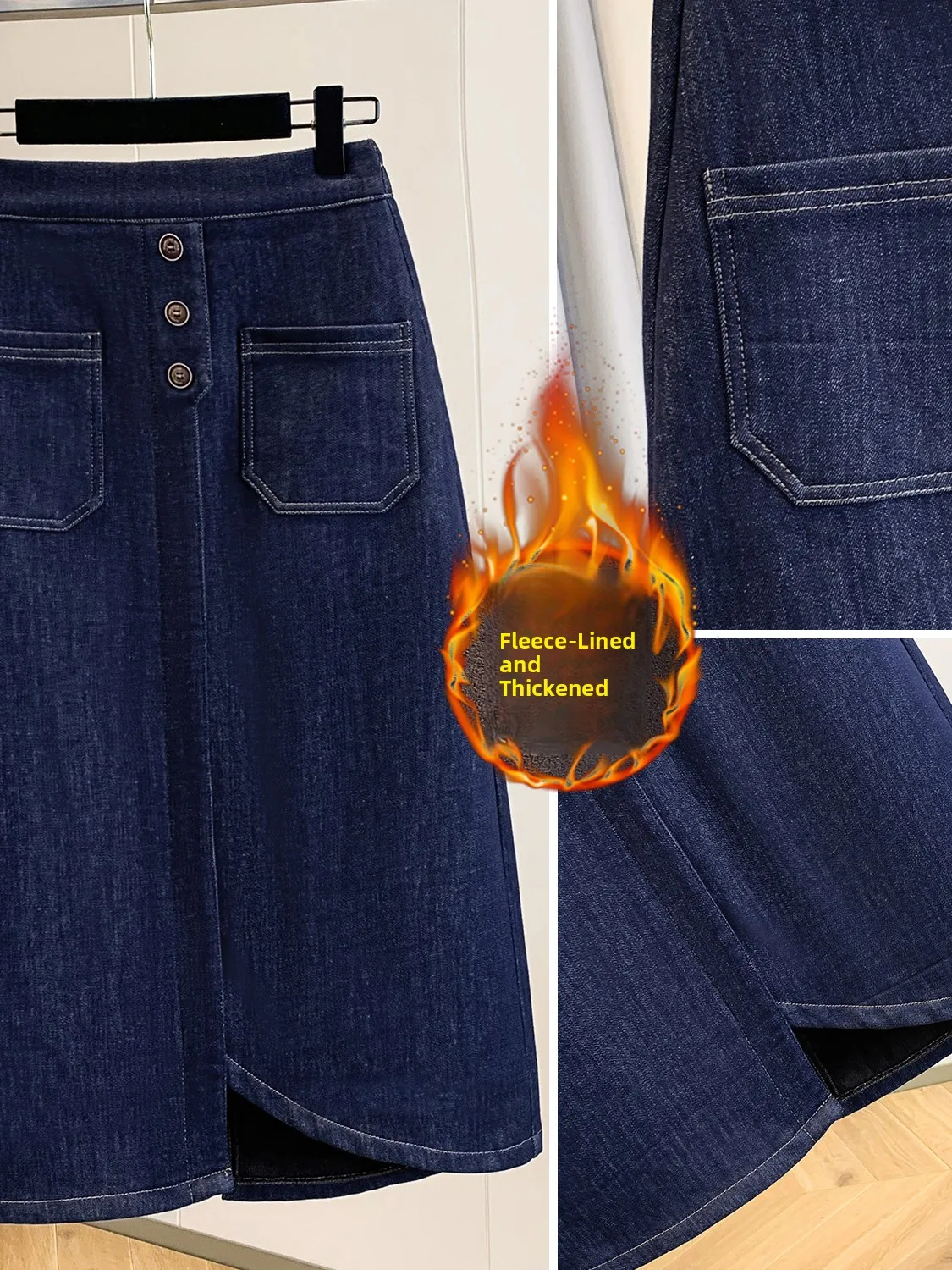 Winter New plus Size Fce Lined Thiened Elastic Waist Stretchy Denim Midi Skirt for plus Size Women Base Layer f Body ...