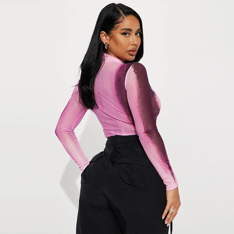 WeiYao-Body imprimé 3D pour femmes, tissu en maille sexy, manches longues, voir à travers des hauts moulants, vêtements pour femmes, club de fête