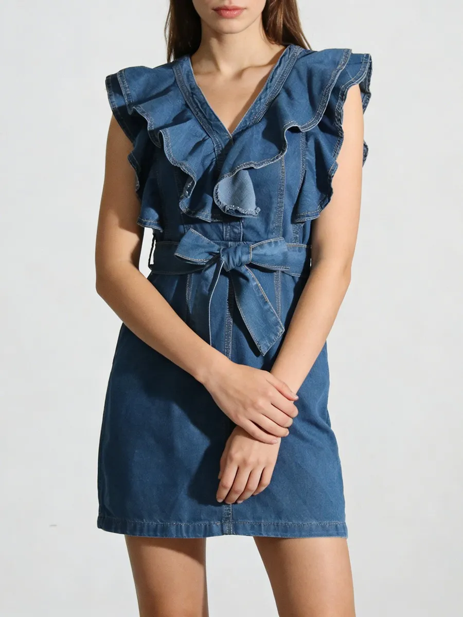 TWOTWINSTYLE Solid Spliced Ruched Cowboy Dresses for Women V Neck Sleeveless High Waist Patchwork Lace Up Fashion Dress Female