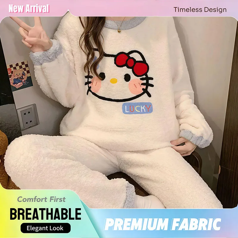 

Sanrio Hello Kitty Women's Pajamas Set New Autumn Winter Plush Coral Fleece Thickened Warm Cozy Home Sleepwear Loungewear