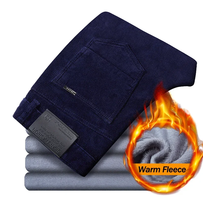 High Quality Corduroy Fleece Men's Pants Warmth Thickened Velvet Slim Straight-fitting Stylish Blue Business Casual Trousers