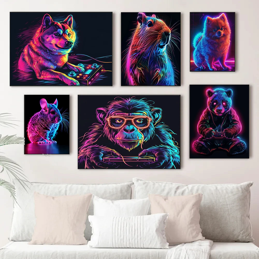 1pc frameless Canvas Painting Interesting Animal Game Player Posters Brilliant Neon Effect Panda Dog Gamer Prints Canvas Wall Pi