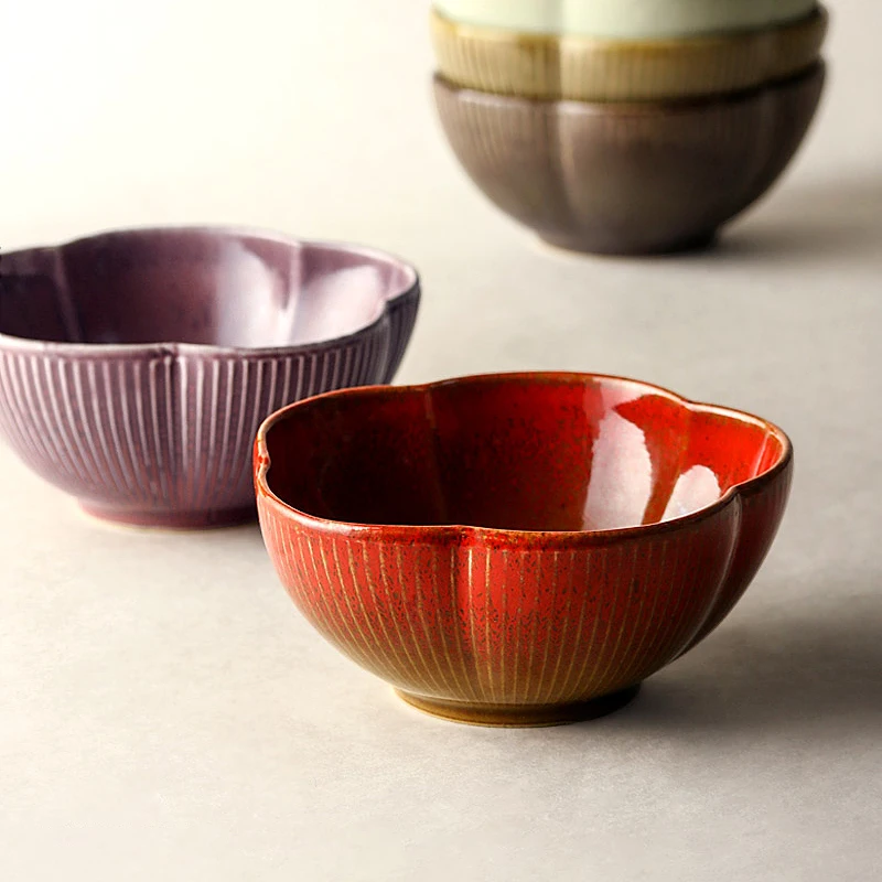 

5 Inch Japan Style Ceramic Noodle Soup Bowls Retro Handmade Creative Resturant Home Use Floral Sharp Pigmented 350ML