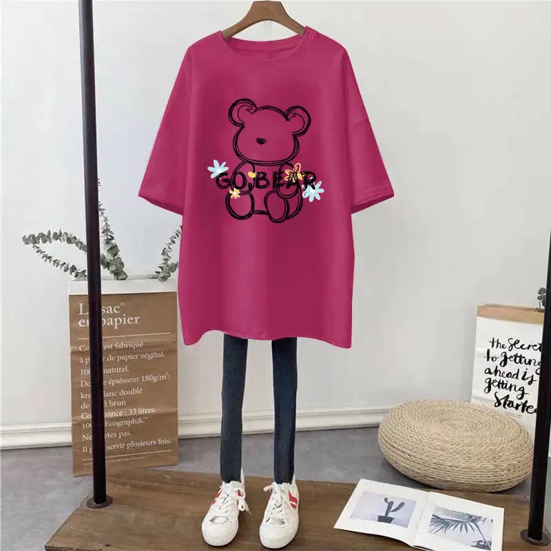 

Summer O-neck Pure Cotton Short Sleeve Loose T-shirt Casual Cartoon Printed Top Tees Women M-6XL Basics Comfortable Pullover