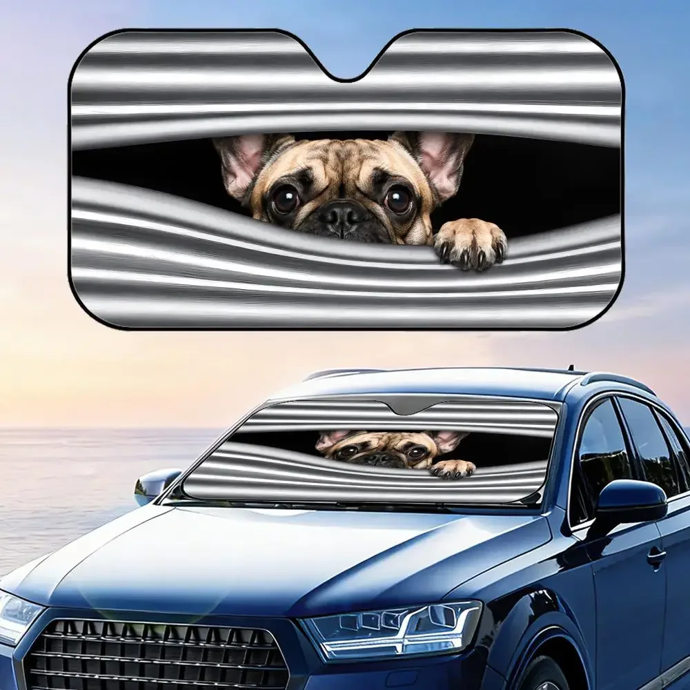 

Pug Is Hiding Behind a Curtain Sun Visor Car Front Windshield Sun Shade Foldable Reflective UV Protection Heat Insulation Cover