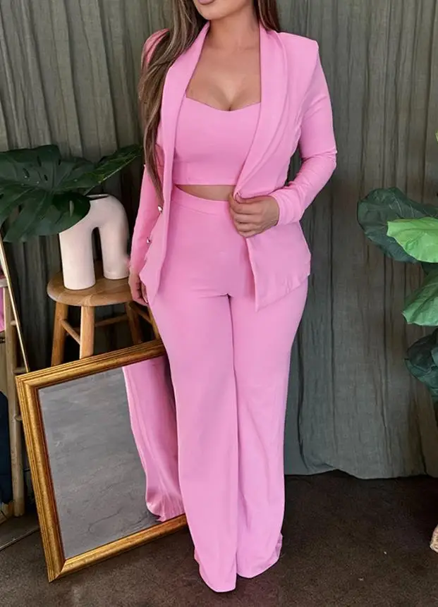 

3Pcs Women Outfit 2025 Spring New Shawl Collar Slim Fit Blazer with Spaghetti Strap Tank & High Waist Skinny Flared Pants Set