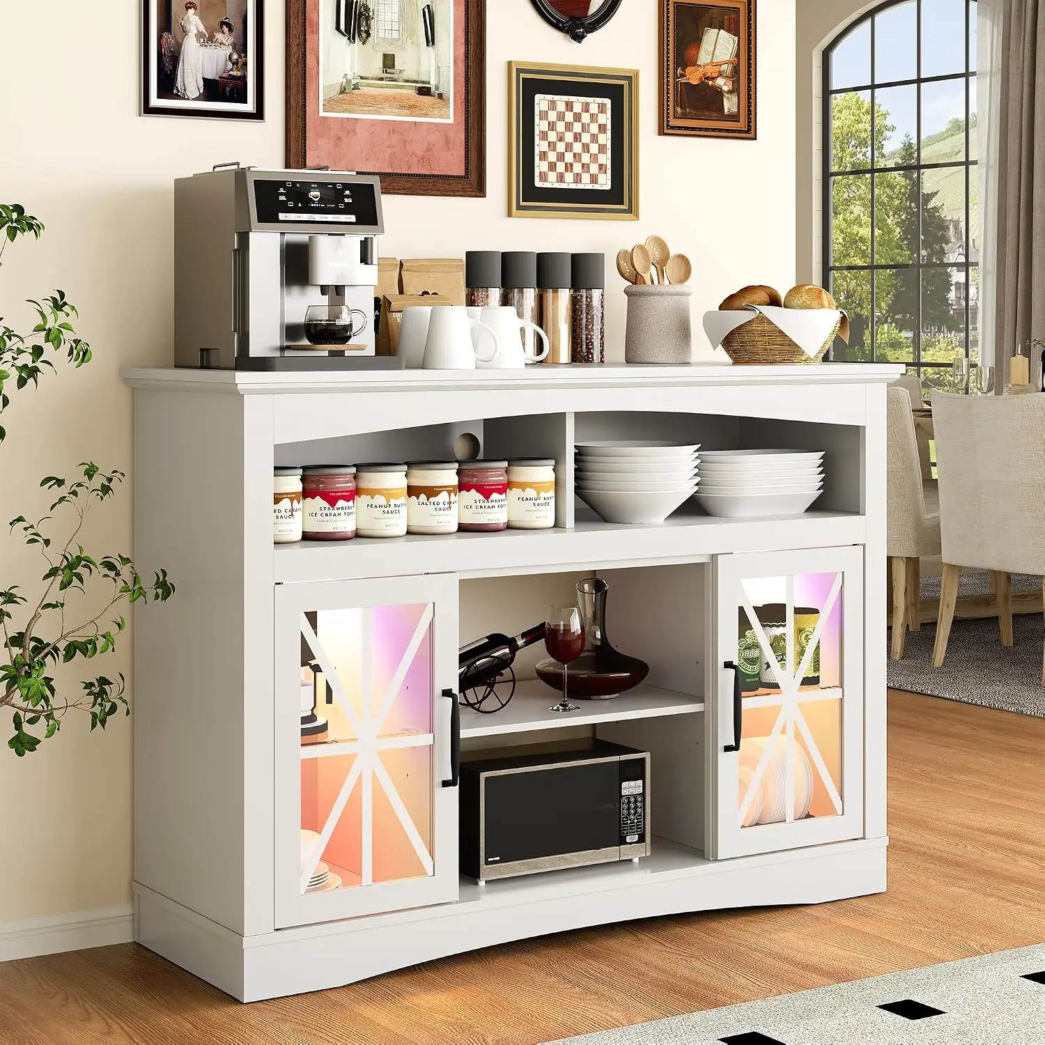 Farmhouse TV Stand Entertainment Center Glass Doors & LED Lights Media Console Adjustable Shelves Living Room White, Customized