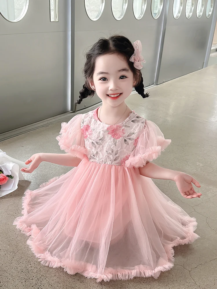 Princ Sle Floral Print Qipao Dr Net Skirt Children's Day Birthday Performance Clothes ort Sve Midi Skirt for Girls
