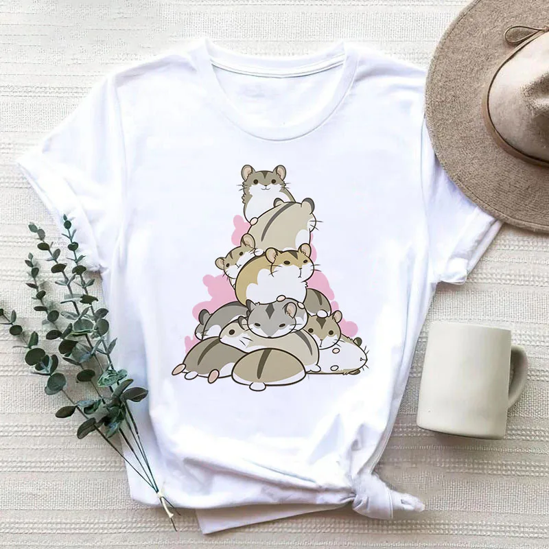 Camiseta con estampado Kawaii de hámster para mujer, ropa divertida de poliéster de manga corta con gráfico de estética, color blanco