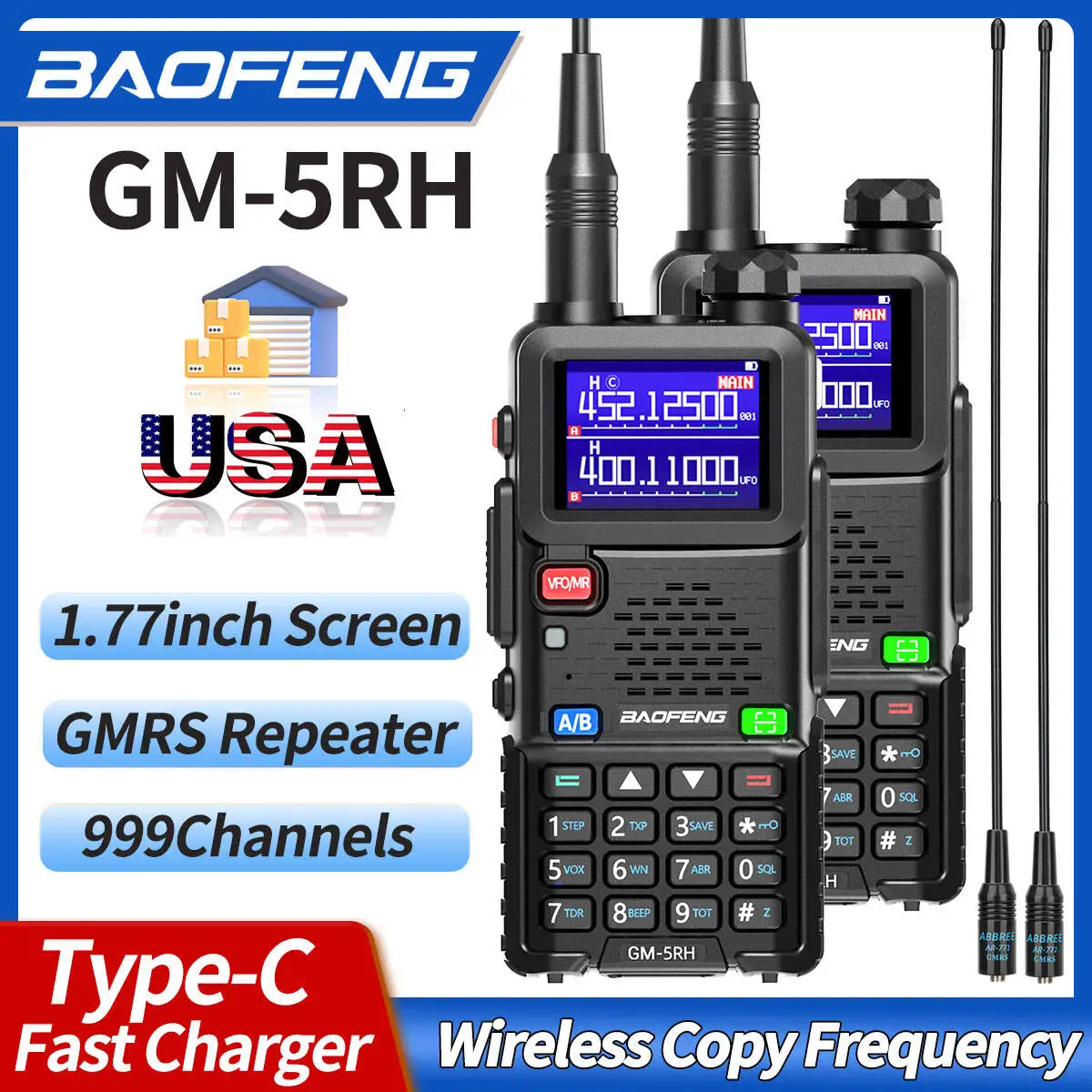 2PCS Baofeng GM-5RH GMRS Walkie Talkie Wireless Copy Frequency 999CH Type-C NOAA Upgraded UV-5R UV-5RH UV-5RM Ham Two Way Radio