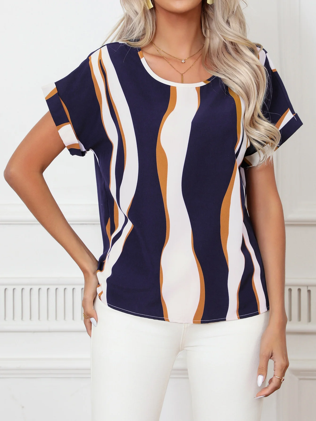 Women Casual O-neck Short Sleeve Loose Fit Stripe Blouse Shirts for Summer OL Office Lady Tops