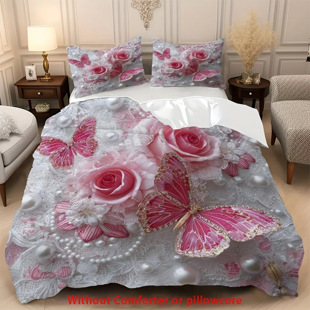 

2/3pcs Pink Rose Pearl Butterfly High-Definition Printed Duvet Cover Set 1 Duvet Cover + 1/2 Pillowcase, Without Core, Luxurious