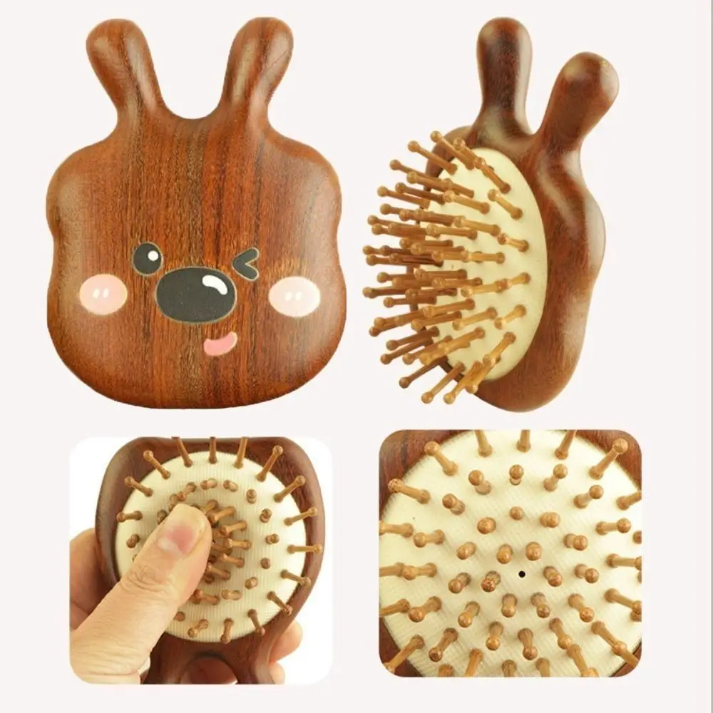 

Милая расческа для волос из сандалового дерева, коричневая массажная расческа с мультяшными животными, антистатическая расческа для длинных волос для женщин